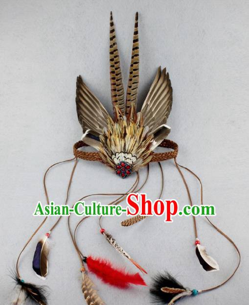 Top Halloween Apache Knight Brown Feather Headpiece Carnival Catwalks Primitive Tribe Headwear