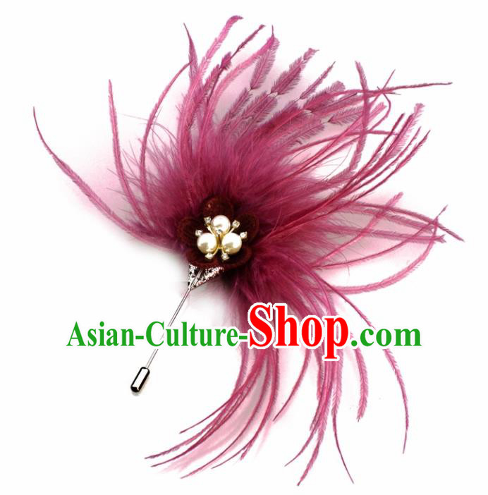 Handmade Breastpin Accessories Stage Show Wine Red Feather Brooch for Women