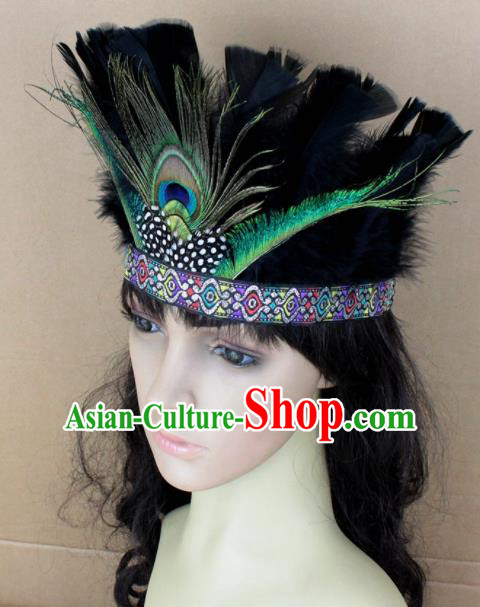 Top Rio Carnival Dance Hair Accessories Primitive Tribe Apache Knight Black Feather Headwear for Adults
