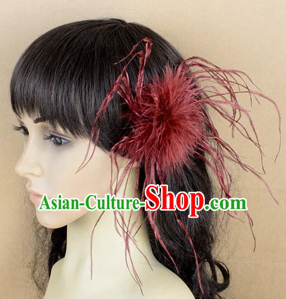 Handmade Carnival Red Ostrich Feather Hair Claw Miami Stage Show Feather Hair Accessories for Women