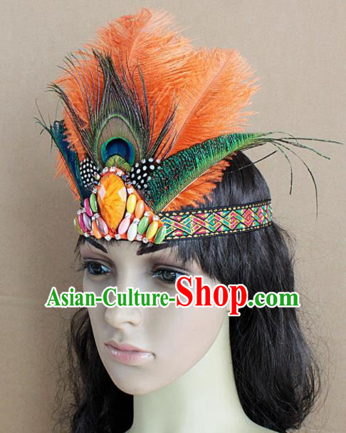 Top Rio Carnival Dance Orange Feather Hair Accessories Primitive Tribe Apache Knight Headwear for Adults