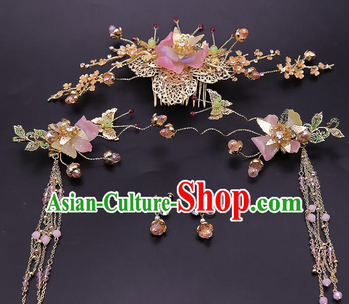 Top Chinese Ancient Traditional Hair Accessories Wedding Pink Lotus Hairpins Complete Set for Women