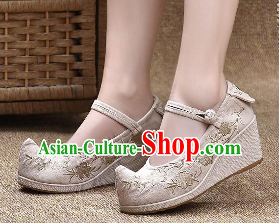 Chinese Shoes Wedding Shoes Traditional Embroidered Shoes Beige High Heeled Shoes for Women
