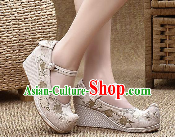 Chinese Shoes Wedding Shoes Traditional Embroidered Shoes Beige High Heeled Shoes for Women