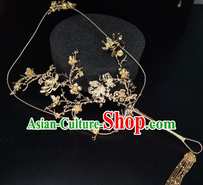 Chinese Traditional Wedding Accessories Classical Bride Golden Cranes Palace Fan for Women