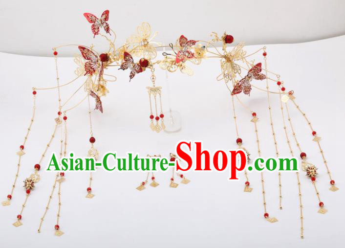 Top Chinese Traditional Wedding Hair Accessories Ancient Palace Red Butterfly Phoenix Coronet Hairpins Headdress for Women