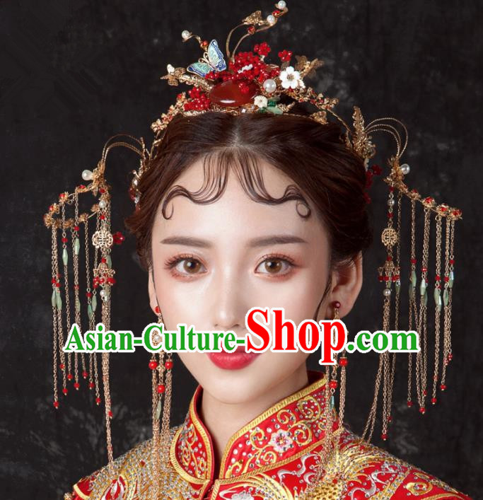 Top Chinese Traditional Wedding Hair Accessories Ancient Tassel Phoenix Coronet Hairpins Complete Set for Women