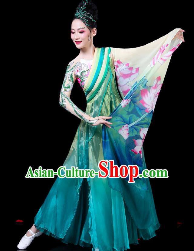 Chinese Traditional Classical Dance Costumes Fan Dance Printing Lotus Green Dress for Women