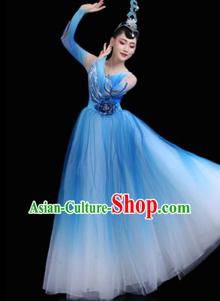 Top Grade Chorus Stage Show Costumes Group Dance Modern Dance Blue Dress for Women
