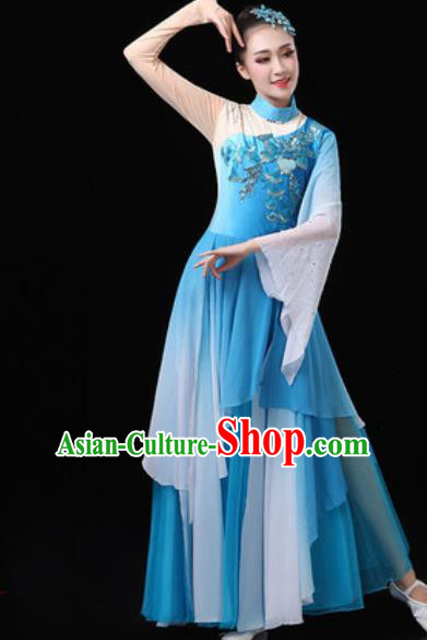 Chinese Traditional Classical Dance Costumes Umbrella Dance Group Dance Blue Dress for Women