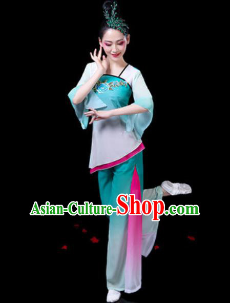 Chinese Traditional Folk Dance Costumes Umbrella Dance Yangko Group Dance Green Clothing for Women