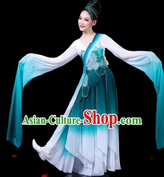 Chinese Classical Dance Costumes Traditional Umbrella Dance Water Sleeve Blue Dress for Women