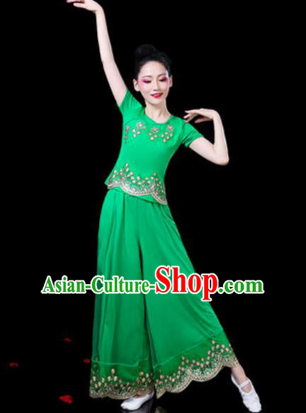 Chinese Traditional Folk Dance Costumes Fan Dance Yangko Group Dance Green Clothing for Women