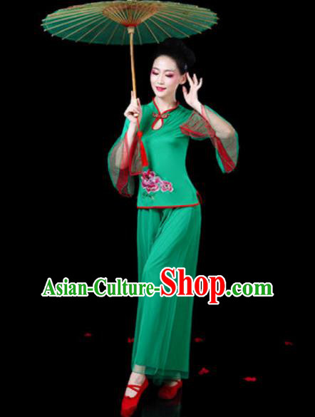 Chinese Traditional Folk Dance Costumes Fan Dance Yangko Drum Dance Green Mandarin Sleeve Clothing for Women