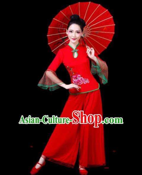 Chinese Traditional Folk Dance Costumes Fan Dance Yangko Drum Dance Red Mandarin Sleeve Clothing for Women