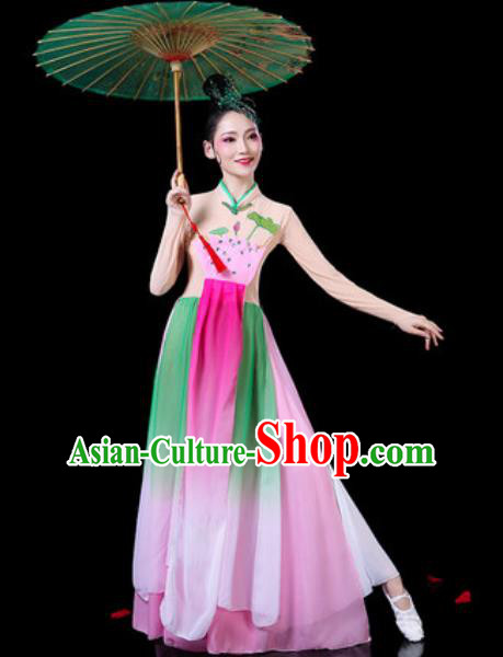 Chinese Classical Dance Costumes Traditional Umbrella Dance Lotus Dance Dress for Women