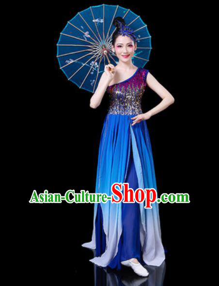 Chinese Classical Fan Dance Costumes Traditional Chorus Umbrella Dance Royalblue Dress for Women