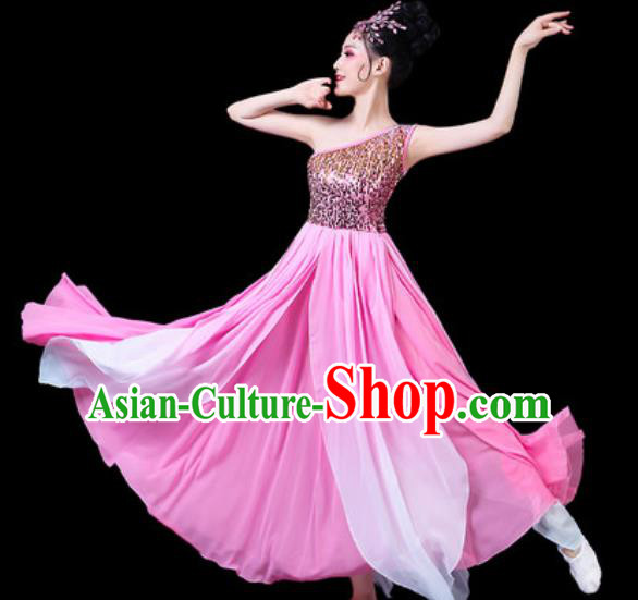 Chinese Classical Fan Dance Costumes Traditional Chorus Umbrella Dance Pink Dress for Women