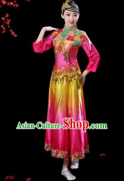 Chinese Classical Dance Umbrella Dance Rosy Dress Traditional Group Dance Chorus Costumes for Women
