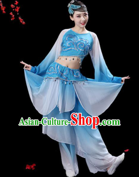 Chinese Classical Dance Umbrella Dance Blue Dress Traditional Fan Dance Costumes for Women
