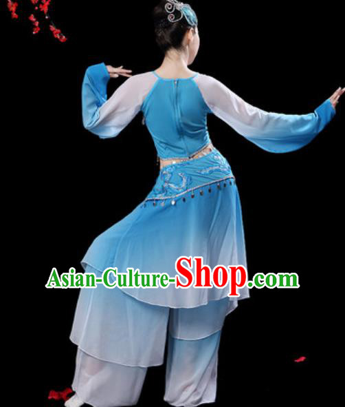 Chinese Classical Dance Umbrella Dance Blue Dress Traditional Fan Dance Costumes for Women