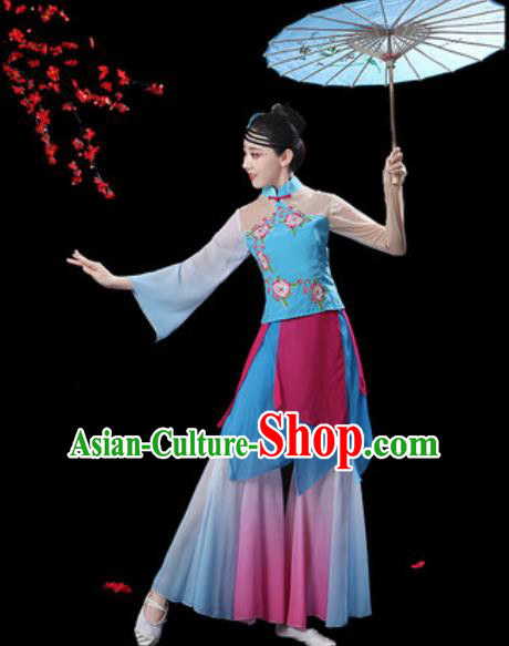 Chinese Classical Dance Blue Dress Traditional Umbrella Dance Fan Dance Costumes for Women