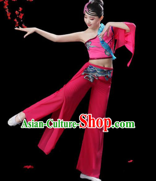 Traditional Chinese Folk Dance Single Sleeve Costumes Fan Dance Yangko Dance Pink Clothing for Women
