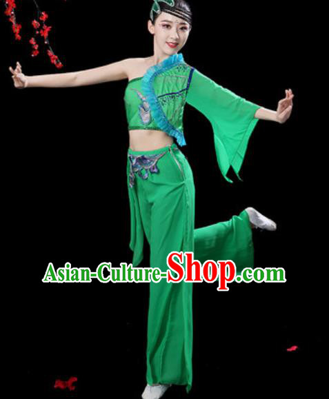 Traditional Chinese Folk Dance Single Sleeve Costumes Fan Dance Yangko Dance Green Clothing for Women