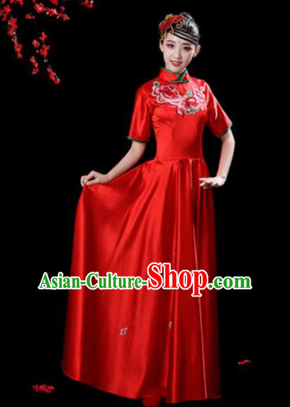 Chinese Classical Dance Chorus Red Silk Embroidered Dress Traditional Umbrella Dance Fan Dance Costumes for Women