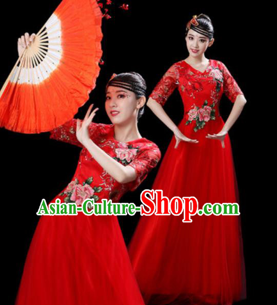 Professional Modern Dance Stage Show Costumes Chorus Group Dance Red Dress for Women