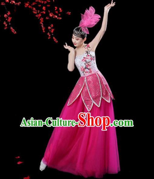 Chinese Classical Dance Rosy Veil Dress Traditional Chorus Group Dance Umbrella Dance Costumes for Women
