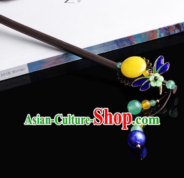 Chinese Traditional Hair Accessories National Hanfu Blueing Dragonfly Wood Hairpins for Women