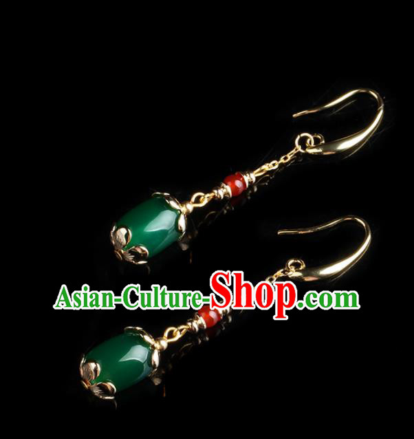 Chinese National Hanfu Classical Green Agate Earrings Traditional Ear Jewelry Accessories for Women