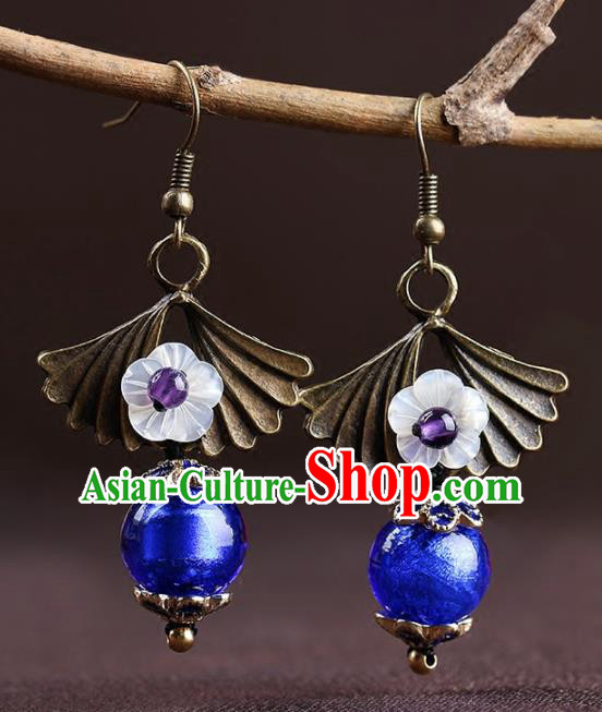 Chinese National Classical Hanfu Blue Bead Earrings Traditional Ear Jewelry Accessories for Women