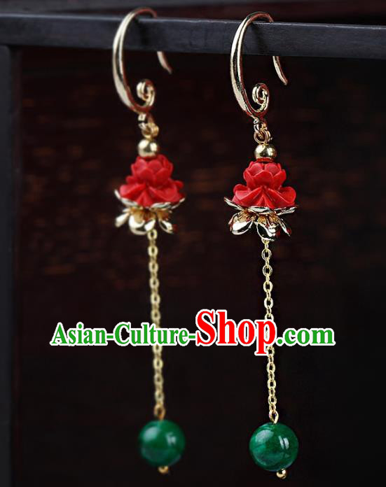 Chinese Yunnan National Classical Carving Lotus Red Earrings Traditional Ear Jewelry Accessories for Women