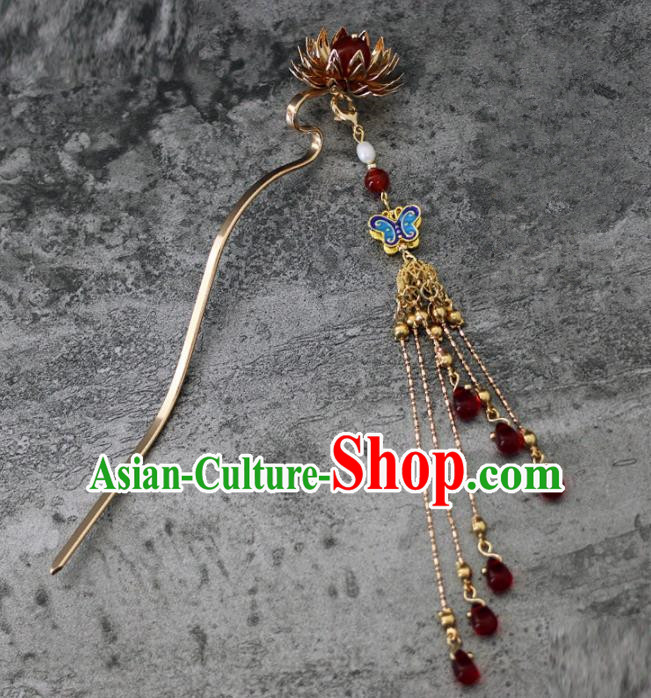Handmade Chinese Traditional Lotus Tassel Hairpins Traditional Classical Hanfu Hair Accessories for Women