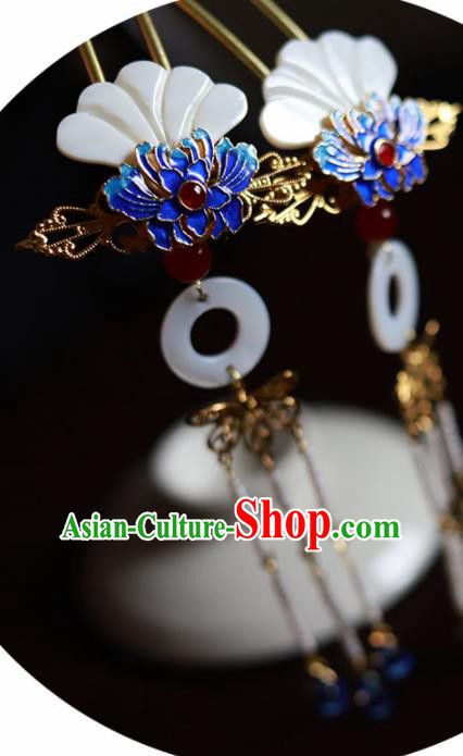 Handmade Chinese Traditional Blueing Lotus Shell Hairpins Ancient Classical Hanfu Hair Accessories for Women