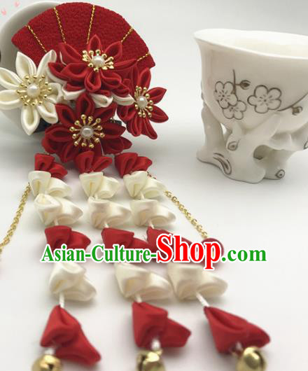 Asian Japanese Traditional Handmade Red Flowers Fan Hairpins Japan Classical Kimono Hair Accessories for Women