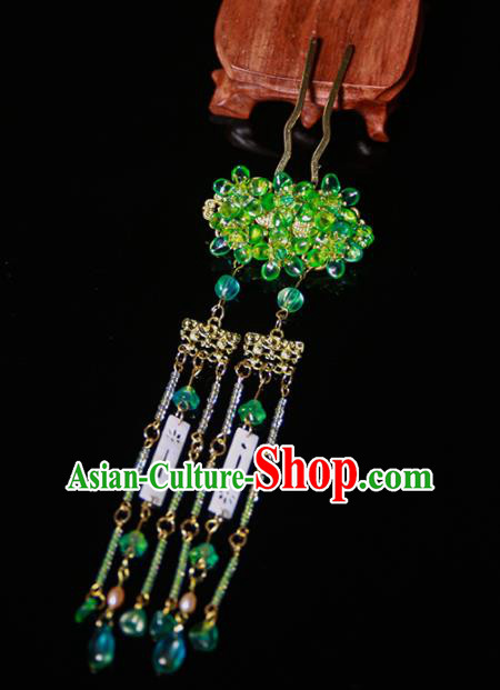 Chinese Ancient Traditional Hanfu Green Crystal Tassel Hairpins Handmade Classical Hair Accessories for Women