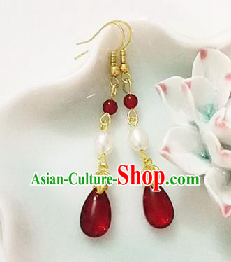 Chinese Ancient Handmade Red Agate Pearl Earrings Traditional Classical Hanfu Ear Jewelry Accessories for Women