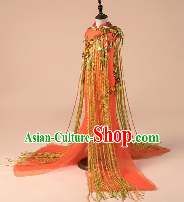 Children Catwalks Costume Girls Compere Modern Dance Orange Veil Qipao Dress for Kids