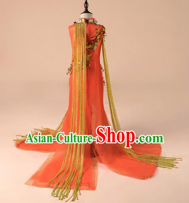 Children Catwalks Costume Girls Compere Modern Dance Orange Veil Qipao Dress for Kids