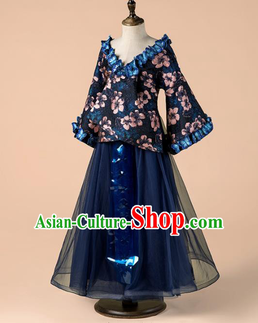 Children Catwalks Costume Girls Compere Modern Dance Navy Veil Full Dress for Kids