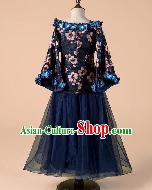 Children Catwalks Costume Girls Compere Modern Dance Navy Veil Full Dress for Kids