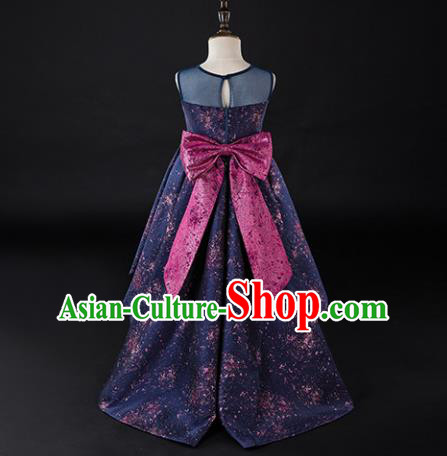 Children Princess Catwalks Costume Girls Compere Modern Dance Purple Full Dress for Kids