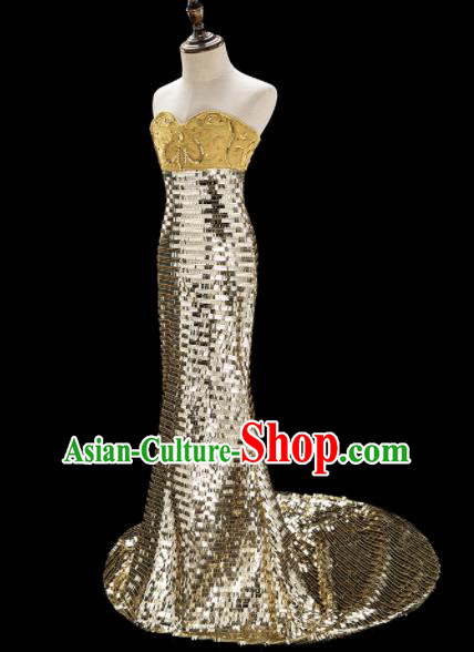Children Princess Catwalks Costume Girls Compere Modern Dance Golden Full Dress for Kids