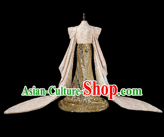 Children Princess Catwalks Costume Girls Compere Modern Dance Golden Full Dress for Kids