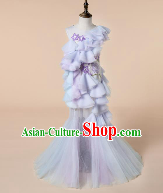 Children Princess Catwalks Costume Girls Compere Modern Dance Purple Veil Full Dress for Kids