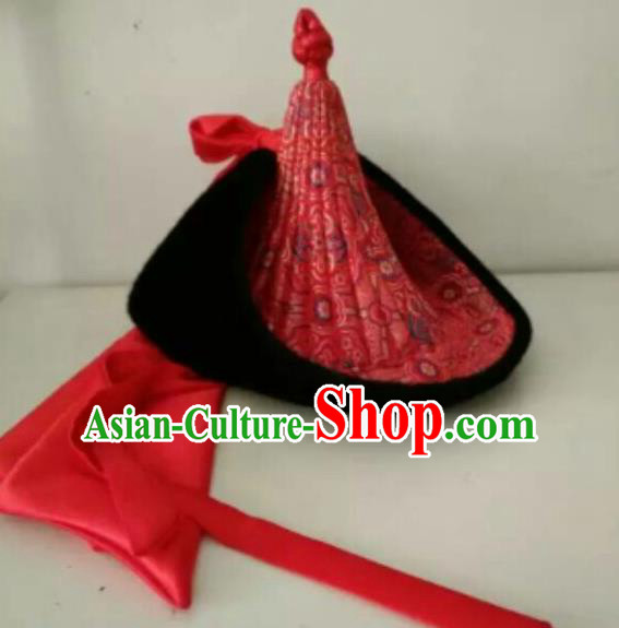 Traditional Chinese Mongol Nationality Folk Dance Hats Mongols Ethnic Royal Highness Red Hat for Men