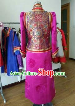 Traditional Chinese Mongol Nationality Costumes Female Folk Dance Ethnic Rosy Dress for Women